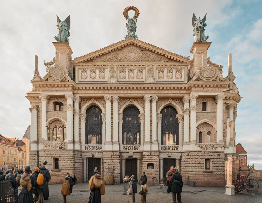 Historical building with intricate façade and statues under cloudy sky