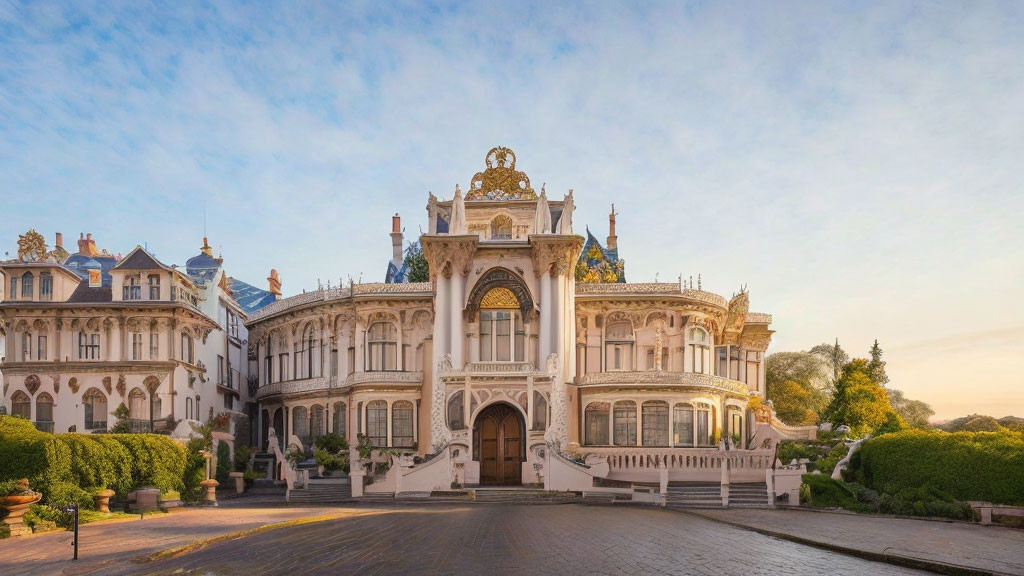 Opulent palace with intricate architecture in serene dusk setting