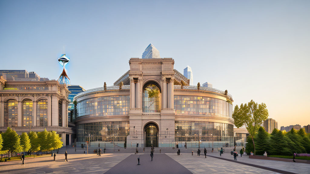 Glass Building with Classical Facade Surrounded by Traditional Structures at Dusk