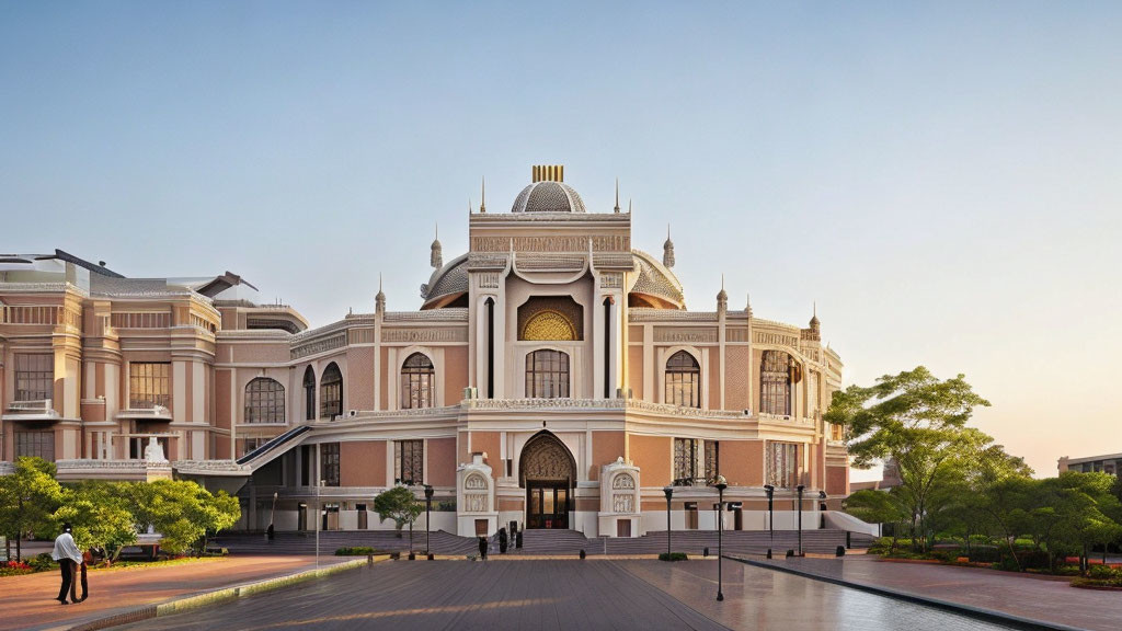 Classical architecture with central dome and arches under clear sky