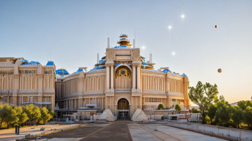 Traditional architecture with clock tower in warm sunlight and floating orbs