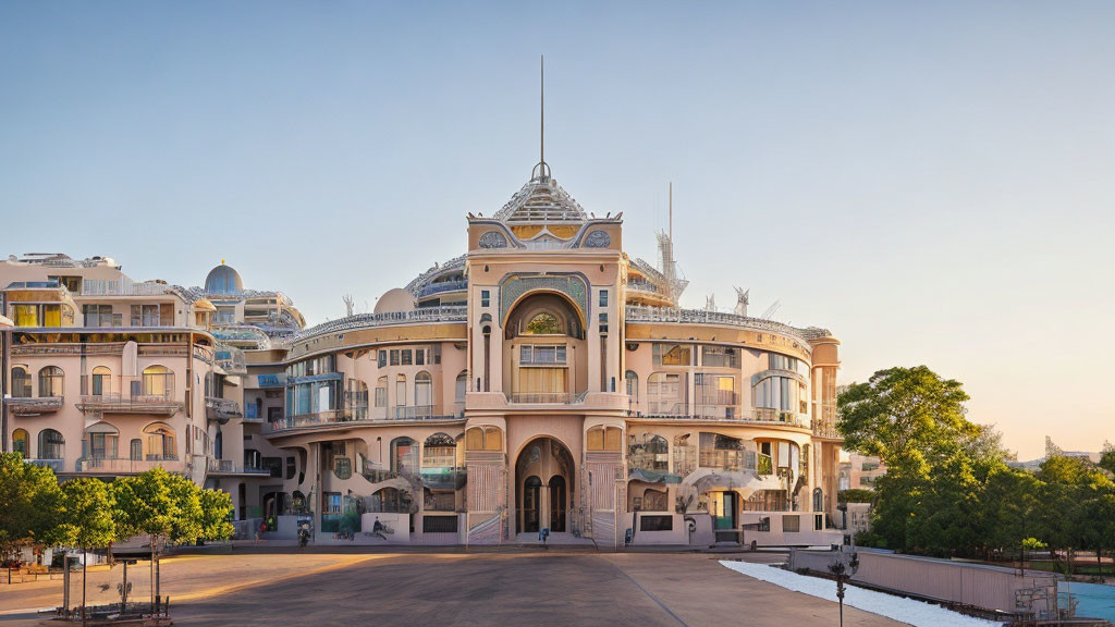 Classical architectural elements on luxurious hotel facade with domes and warm sunset lighting surrounded by lush greenery