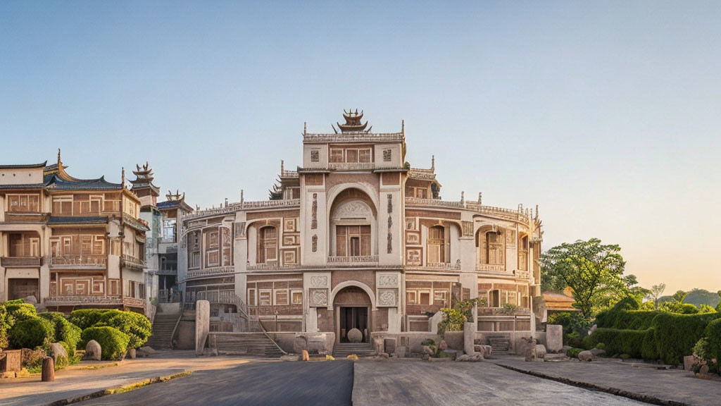 Traditional Asian Palace with Multi-Tiered Roofs at Dawn or Dusk