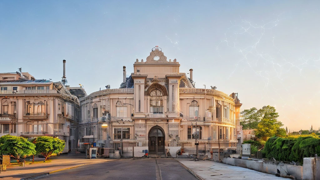 Ornate classical building with sculptures and grand entrance at sunset