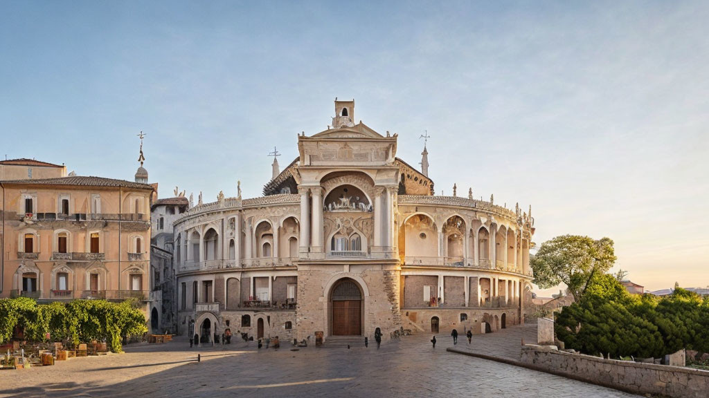 Renaissance-style building with arches in open plaza