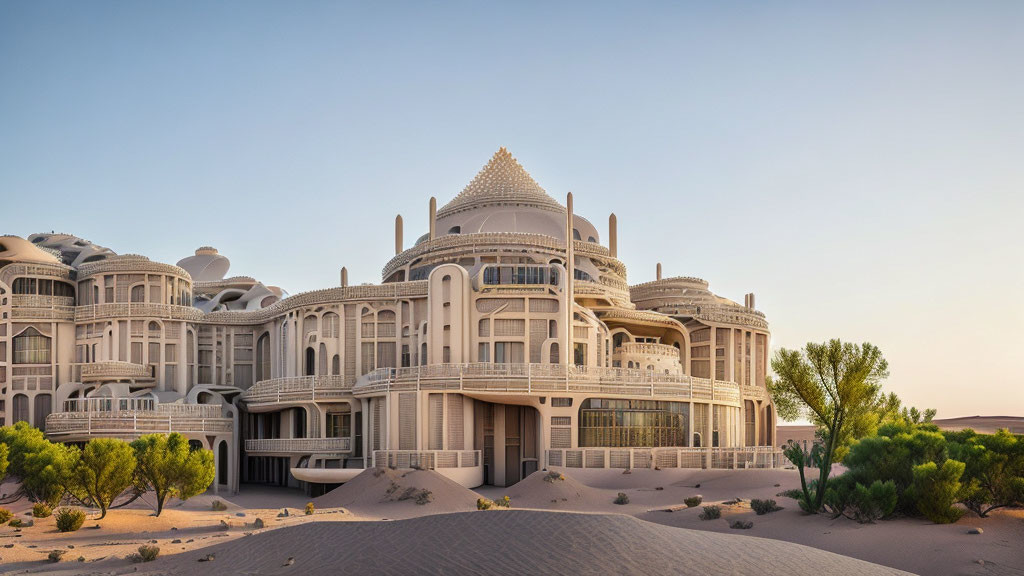 Desert palace with domes and arches in sandy landscape at dusk