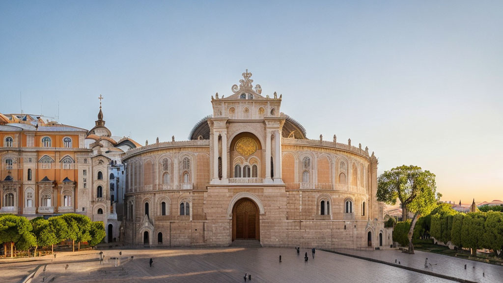 Historical Building with Circular Window and Ornate Towers