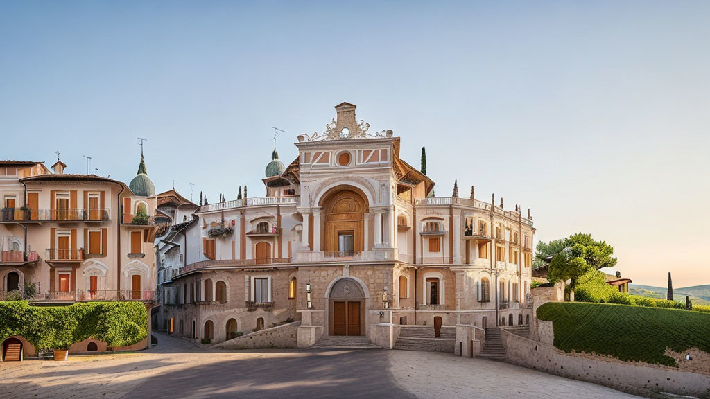 Historical building with ornate façade surrounded by residential structures under clear sky