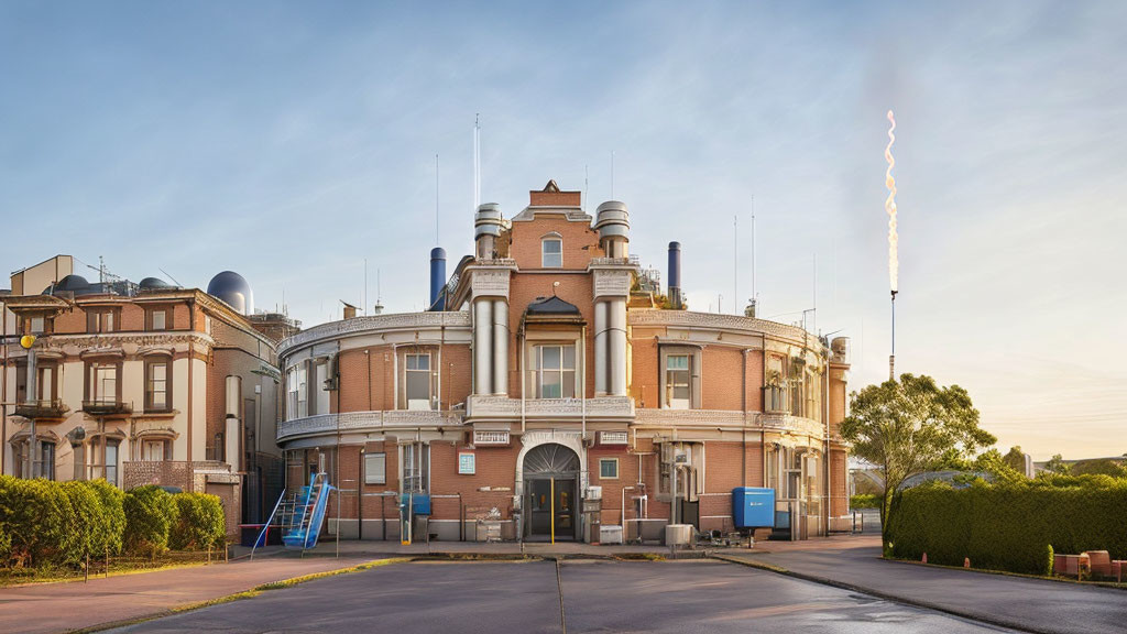 Historic brick building with rounded façade and towers under blue sky with zigzag streetlight pattern.