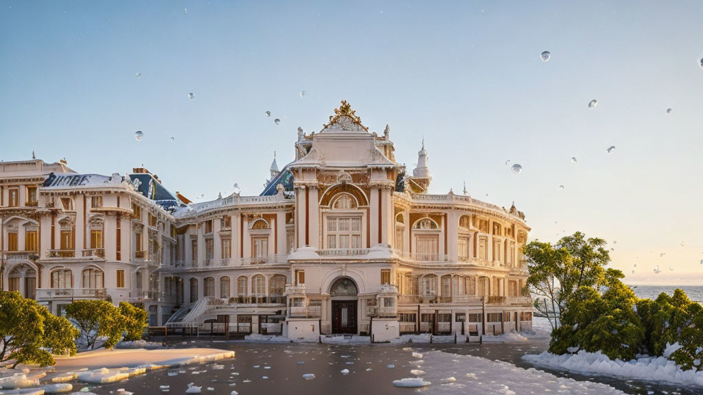 Historic building with ornate details in golden sunset and snow-covered surroundings