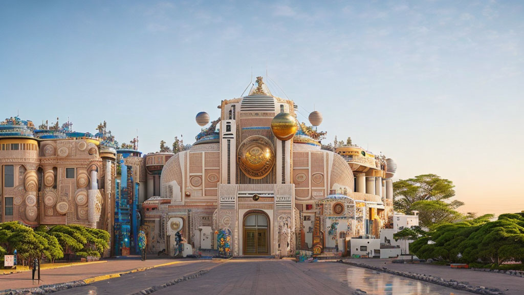 Palatial building with central dome, golden spheres, blue towers, and manicured trees.