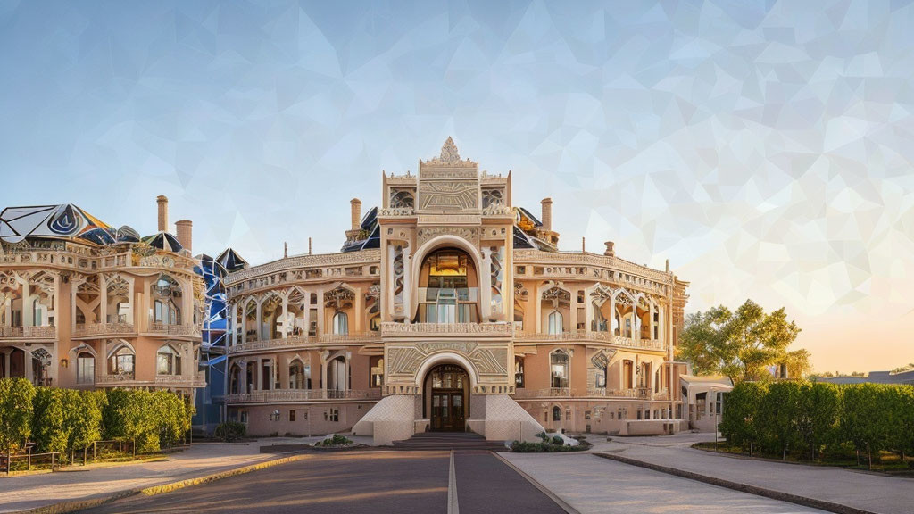 Historic building with elaborate architecture and arched entrance at sunset.