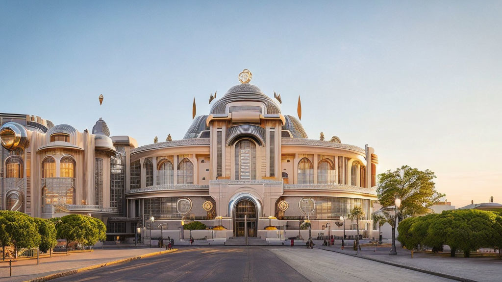 Sunset-lit opulent building with domes, intricate architecture, hot air balloon, and people