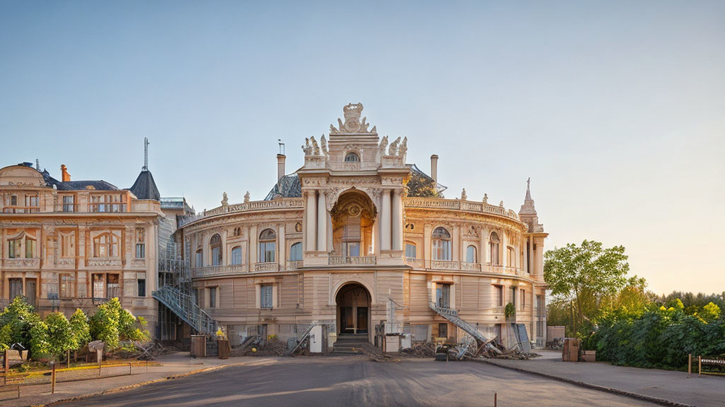 Historic building with grand staircase and intricate details in soft sunlight