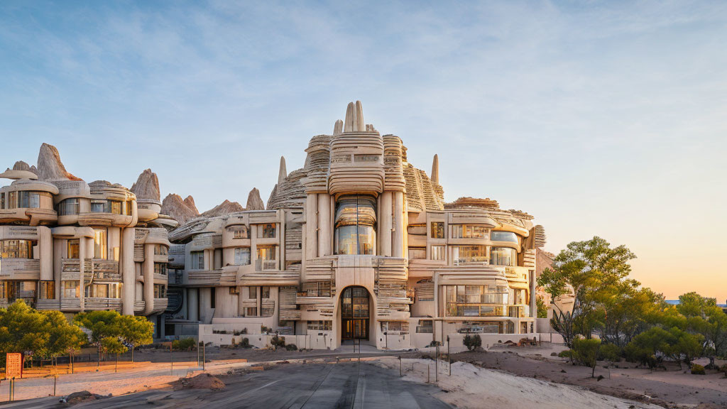 Futuristic multi-tiered building with stacked and rounded elements at dusk