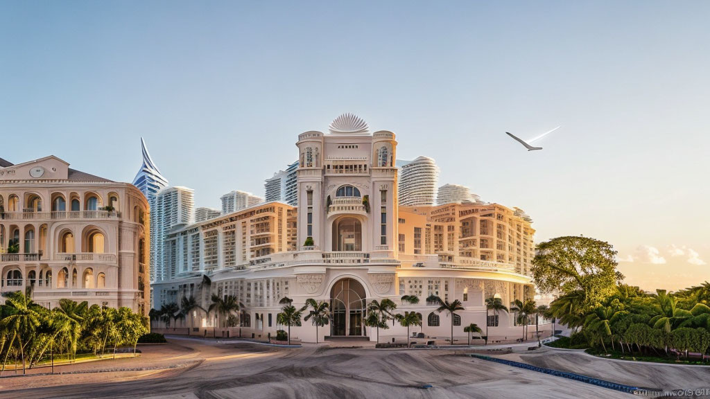 Neoclassical hotel surrounded by palm trees and skyscrapers under clear sky