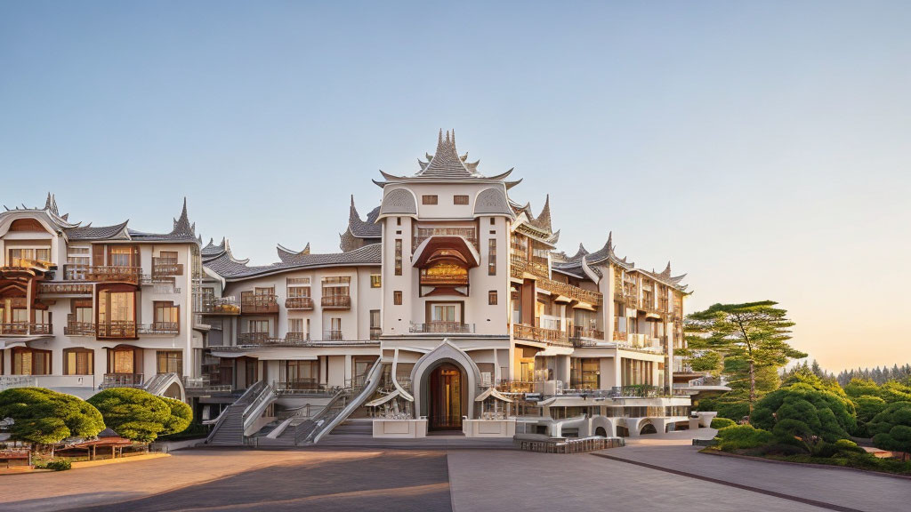 Intricate Asian-style building with grand entrance and balconies