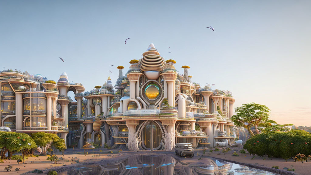 Futuristic cityscape with ornate dome-topped buildings and lush greenery reflected in water