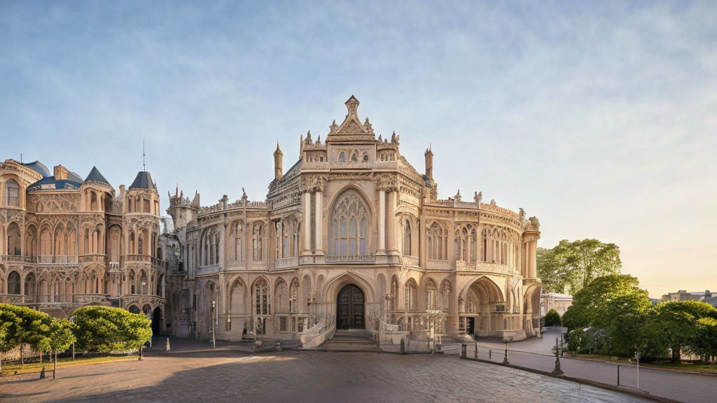 Historical building with Gothic architecture in paved courtyard