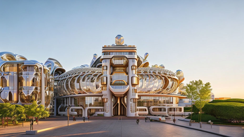 Modern beige structure with glass domes, trees, and pedestrians against clear sky