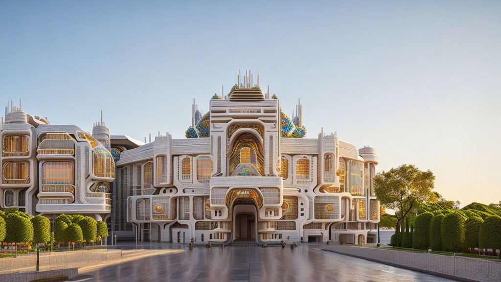 Symmetrical futuristic building with white facade and ornate details