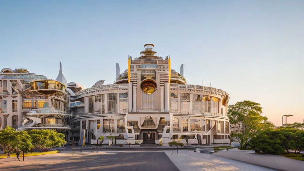 Futuristic building with traditional & modern design, central dome, metalwork, lush surroundings at sunset