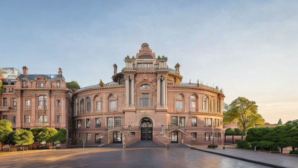 Historical building with ornate architecture and dome at sunrise