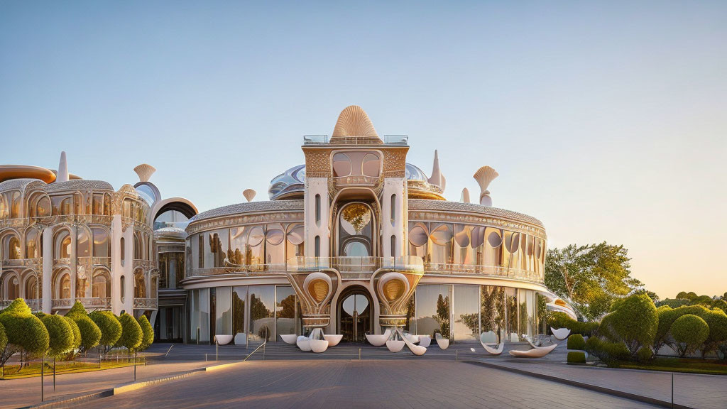 Luxurious building with domes and arches in warm sunlight