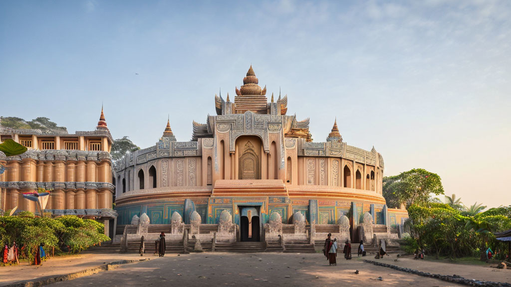 Ornate temple with intricate carvings and spires under clear sky