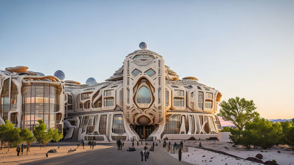 Organic Design Futuristic Building with Spherical Structures and People Walking at Dusk