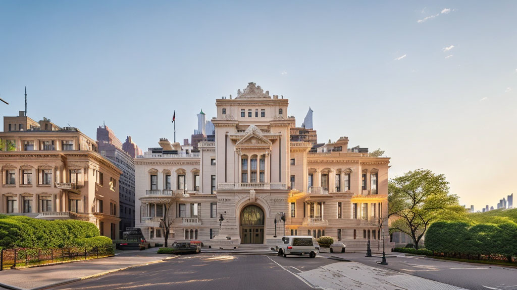 Ornate classical building with columns in cityscape at dawn or dusk