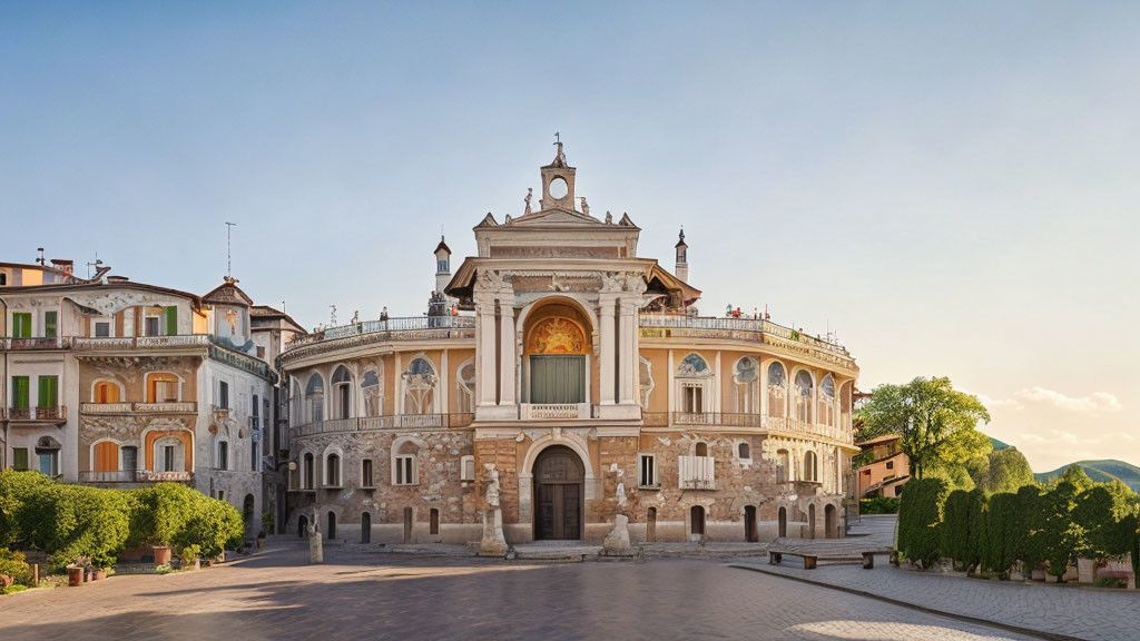 Renaissance-style building with ornate facade and arched windows surrounded by residential structures