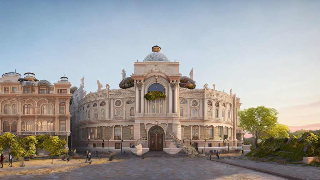 Neoclassical building architectural rendering with intricate facades