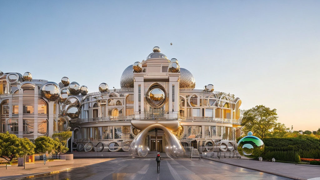 Contemporary architectural structure with spherical and circular designs under clear sky, person in front