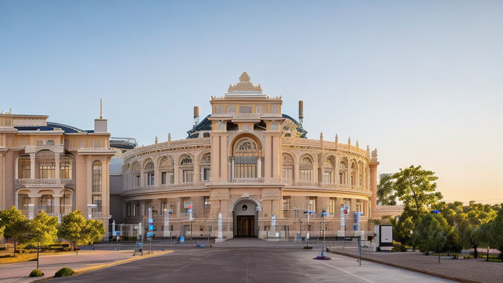 Neoclassical Building with Grand Arched Windows and Detailed Facade