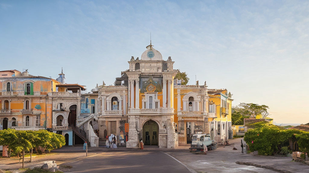 Historical building with elaborate facade and colorful houses under clear sky.