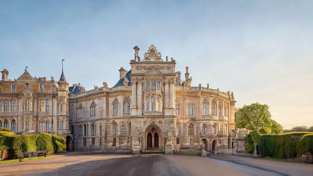 Historical Mansion with Detailed Stonework and Grand Entrance