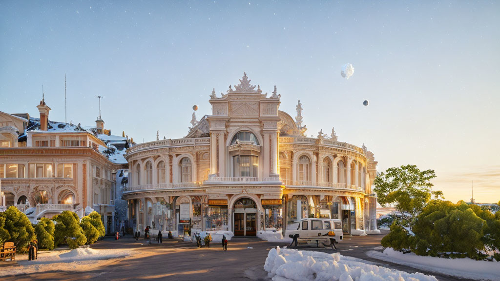 Classical building in sunlight with snow and pedestrians