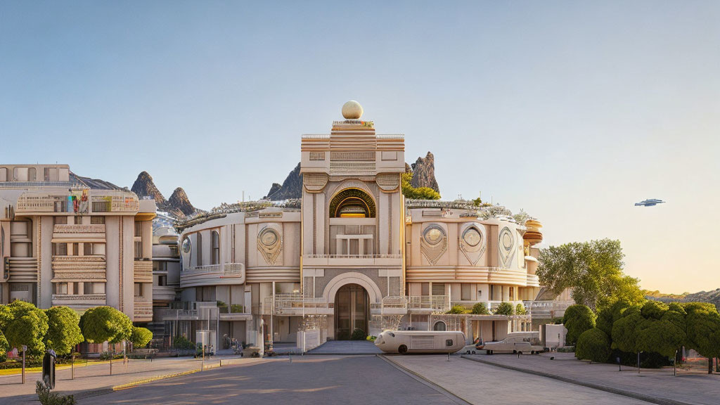 Symmetrical classical-futuristic building against mountainous backdrop