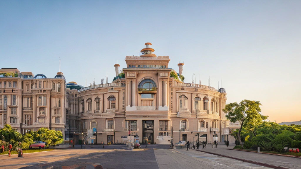 Classic architectural building with dome and large windows at golden hour