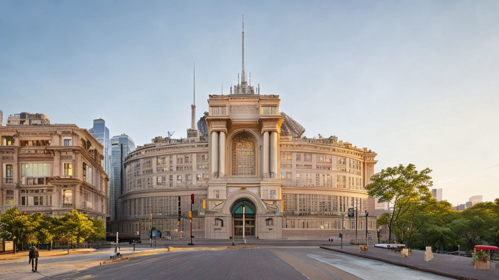 Grand classical building on Broad Street with modern skyscrapers in morning light