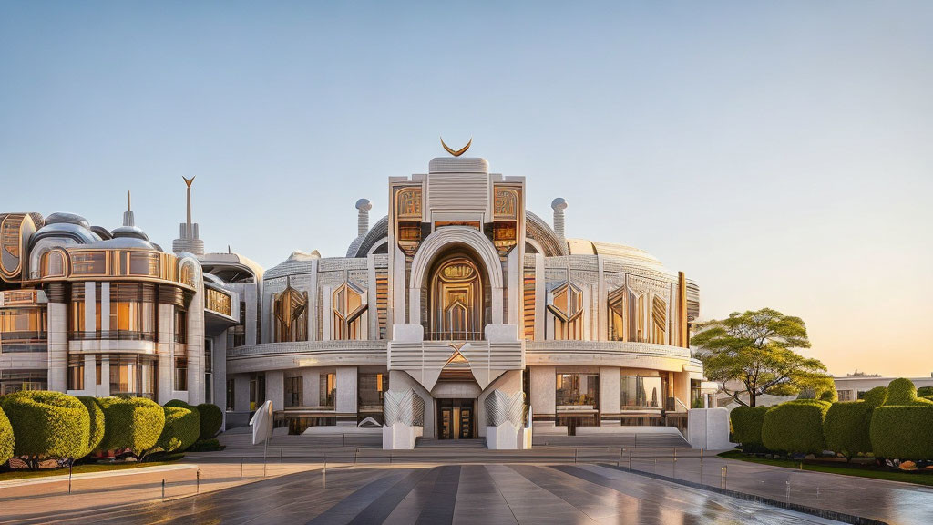 Futuristic Arabic architecture with golden accents under warm sunlight