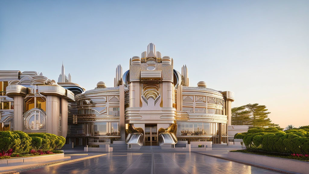 Luxury Art Deco building with golden trims and palm trees at sunset