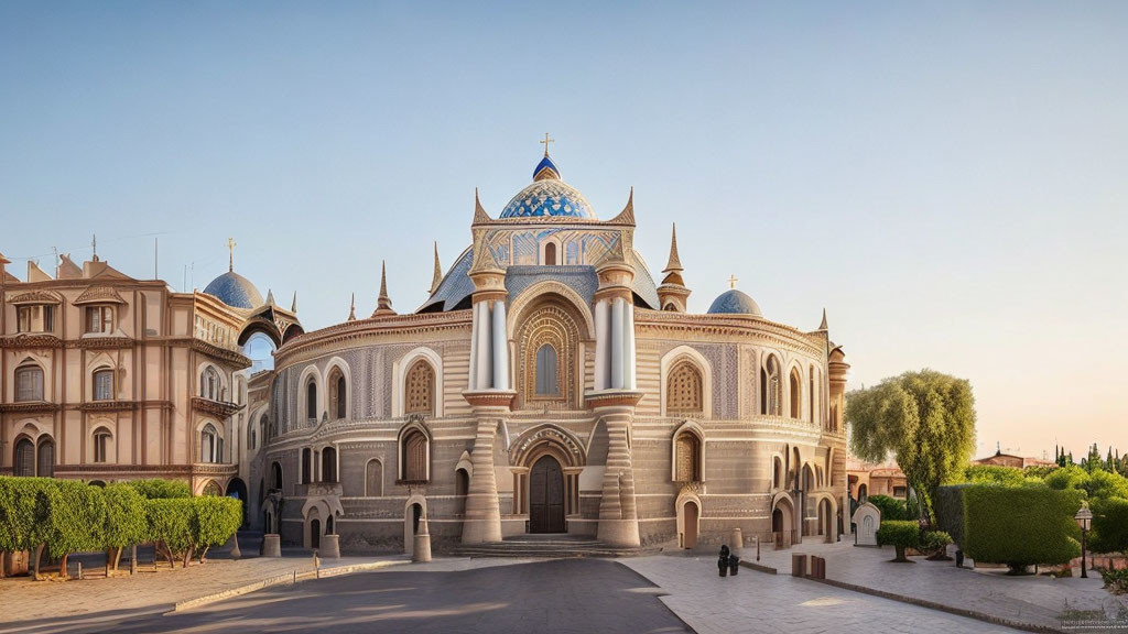 Elaborate Cathedral with Blue Domes and Stone Facades