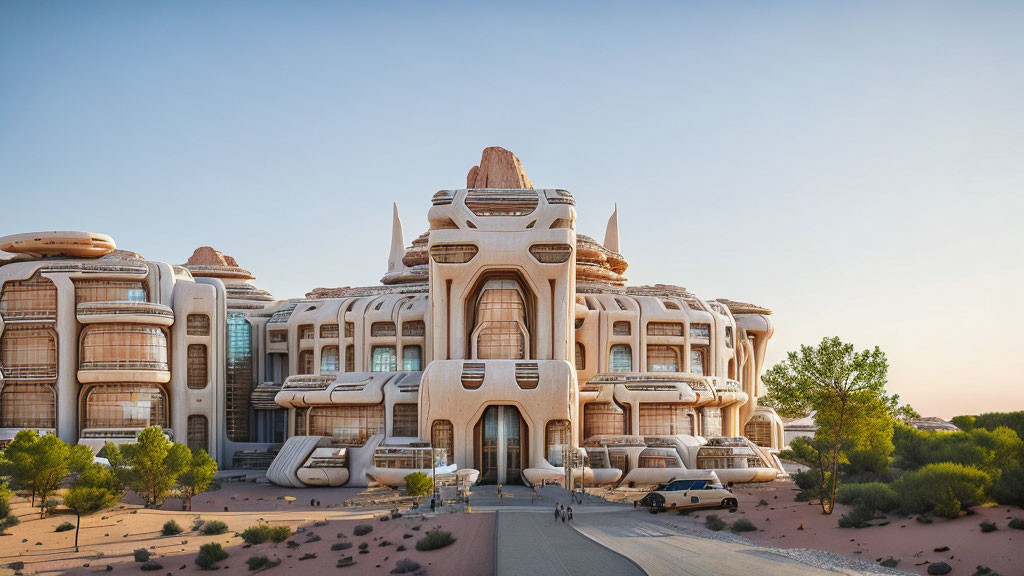 Futuristic organic-style building in desert landscape with people and cars.