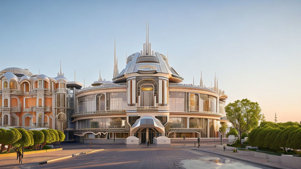 Symmetrical futuristic building with central clock, traditional touches, under clear sky at dawn or dusk