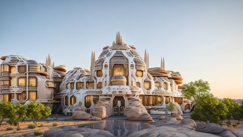 Organic white-and-beige desert architecture with domes and spires against blue skies