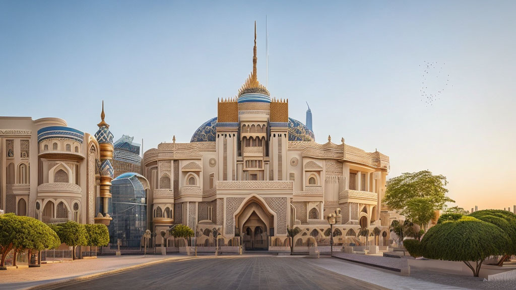 Islamic architecture: Ornate building with domes and spires at dusk