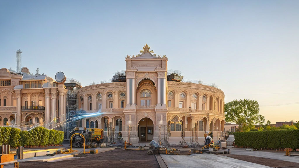 Renovation of ornate building with arched windows and central entrance