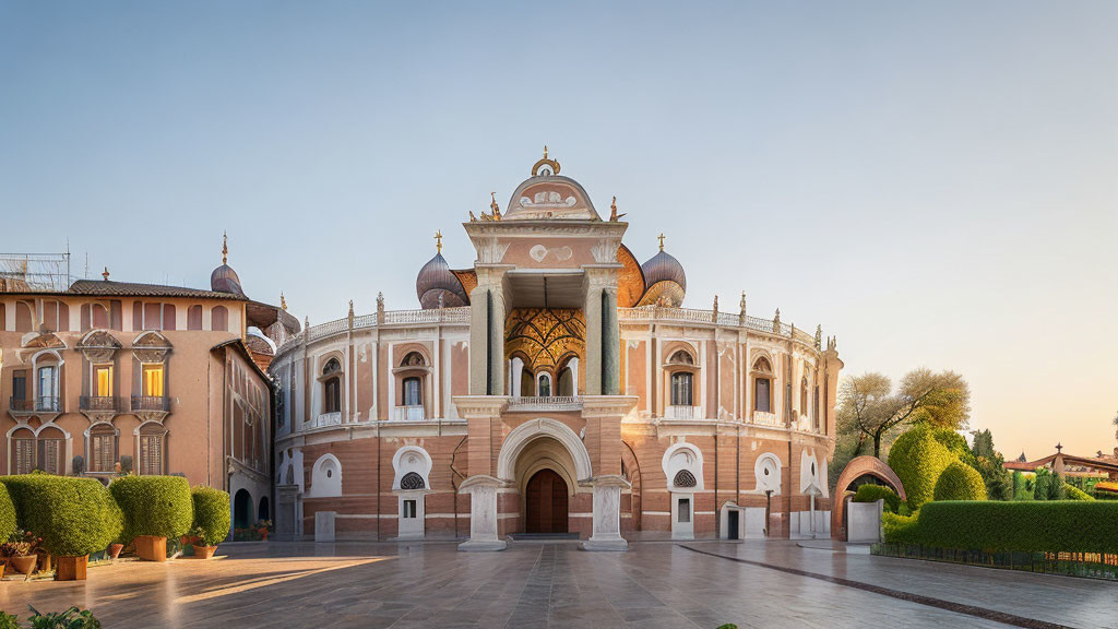 Ornate domes and arches on elegant building in warm pink hues